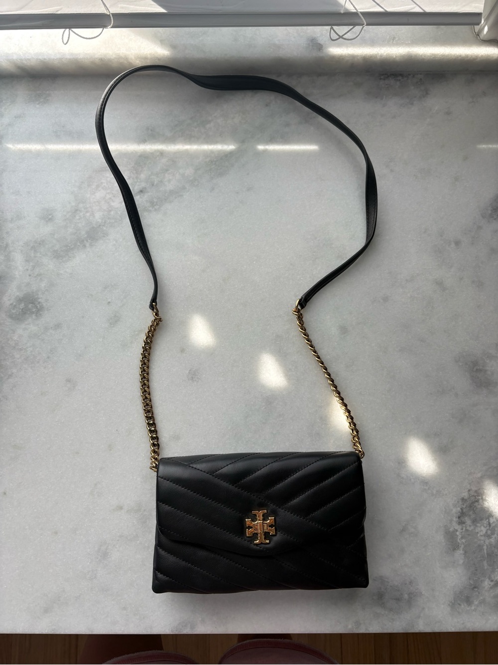 Tory Burch Black Quilted Leather Crossbody with Gold Chain